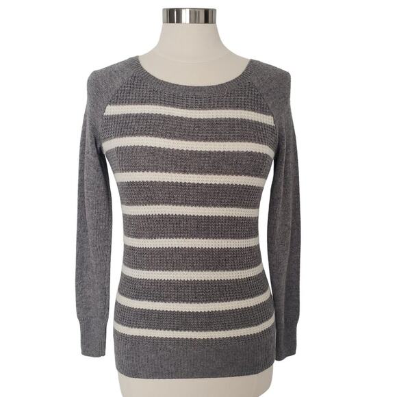 J Crew Merino Wool Striped Grey Sweater Size XXS Waffle Knit Crew Neck - Picture 1 of 6